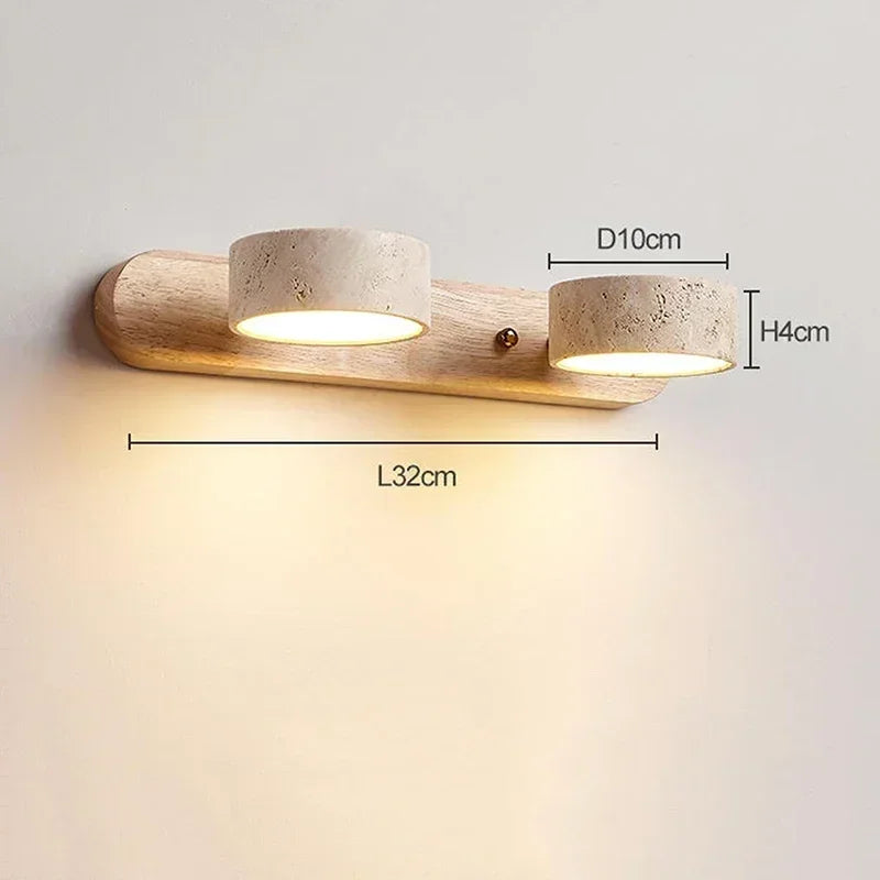 StoneBar Travertine Wall Light — Wood & Stone LED Vanity Bar, 2/3/4 Heads, Wabi-Sabi
