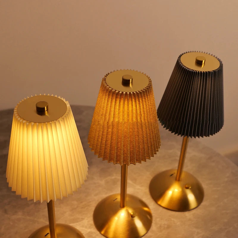 Cordless Table Lamp Rechargeable with Pleated Fabric Shade, Touch Dimmable LED Nightstand Lamp