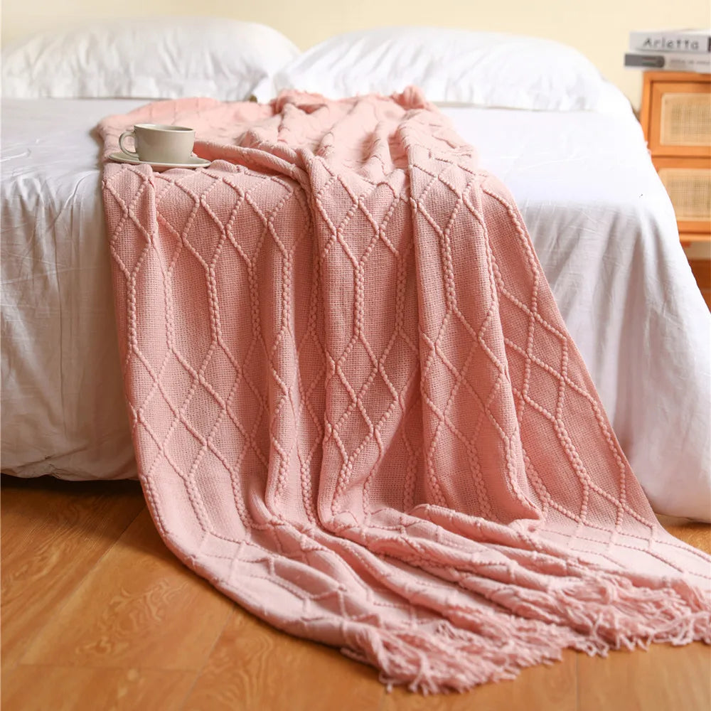 Knit Throw Blanket with Tassels, Chunky Farmhouse Throw for Couch and Bed, Soft Acrylic, 50x68 in