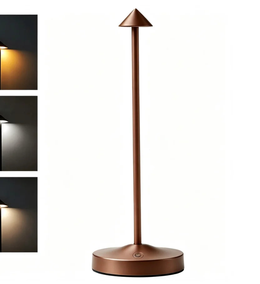 Cordless Table Lamp Rechargeable, Metal Cone Shade LED Lamp, 3 Color Temperatures Touch Dimmable