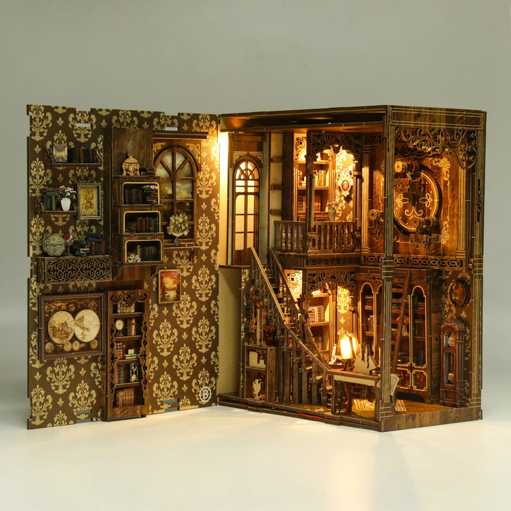 Book Nook Kit DIY Miniature Library Room, Wooden Bookshelf Insert with LED Light, 3D Puzzle for Adults