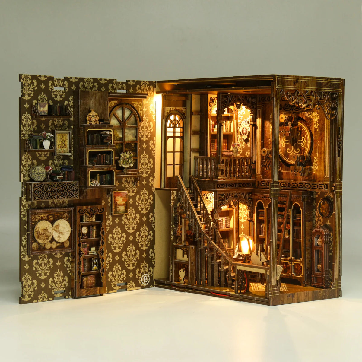 Book Nook Kit DIY Miniature Library Room, Wooden Bookshelf Insert with LED Light, 3D Puzzle for Adults