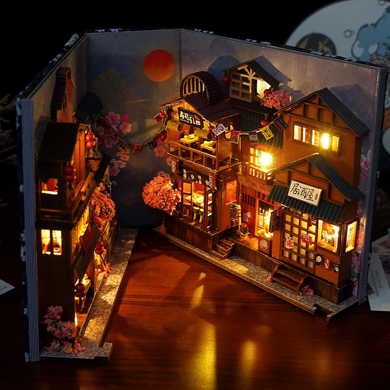 Book Nook Kit DIY Miniature Street Bookshelf Insert, Wooden 3D Puzzle with LED, Gift for Readers