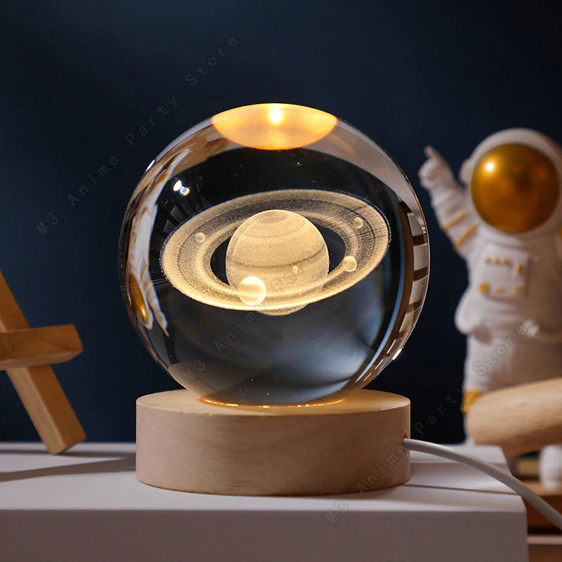 3D Crystal Ball Night Light, Galaxy Solar System Moon Lamp with Wooden Base, USB Bedside Light