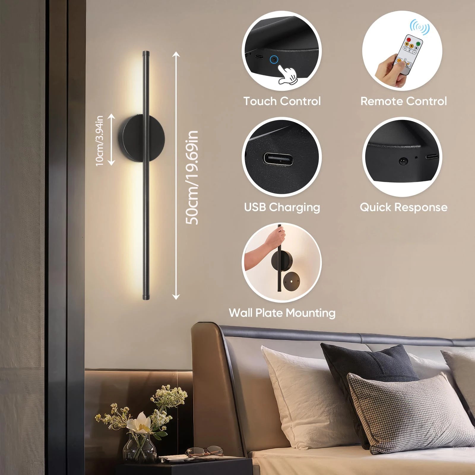 BarGlow Rechargeable Wall Sconce — LED, Touch & Remote, Dimmable, 3 Color Temps, No Wiring
