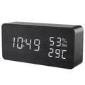Sound-Activated Wooden Alarm Clock — LED Display with Temperature, Snooze & 3 Alarms — WoodCube