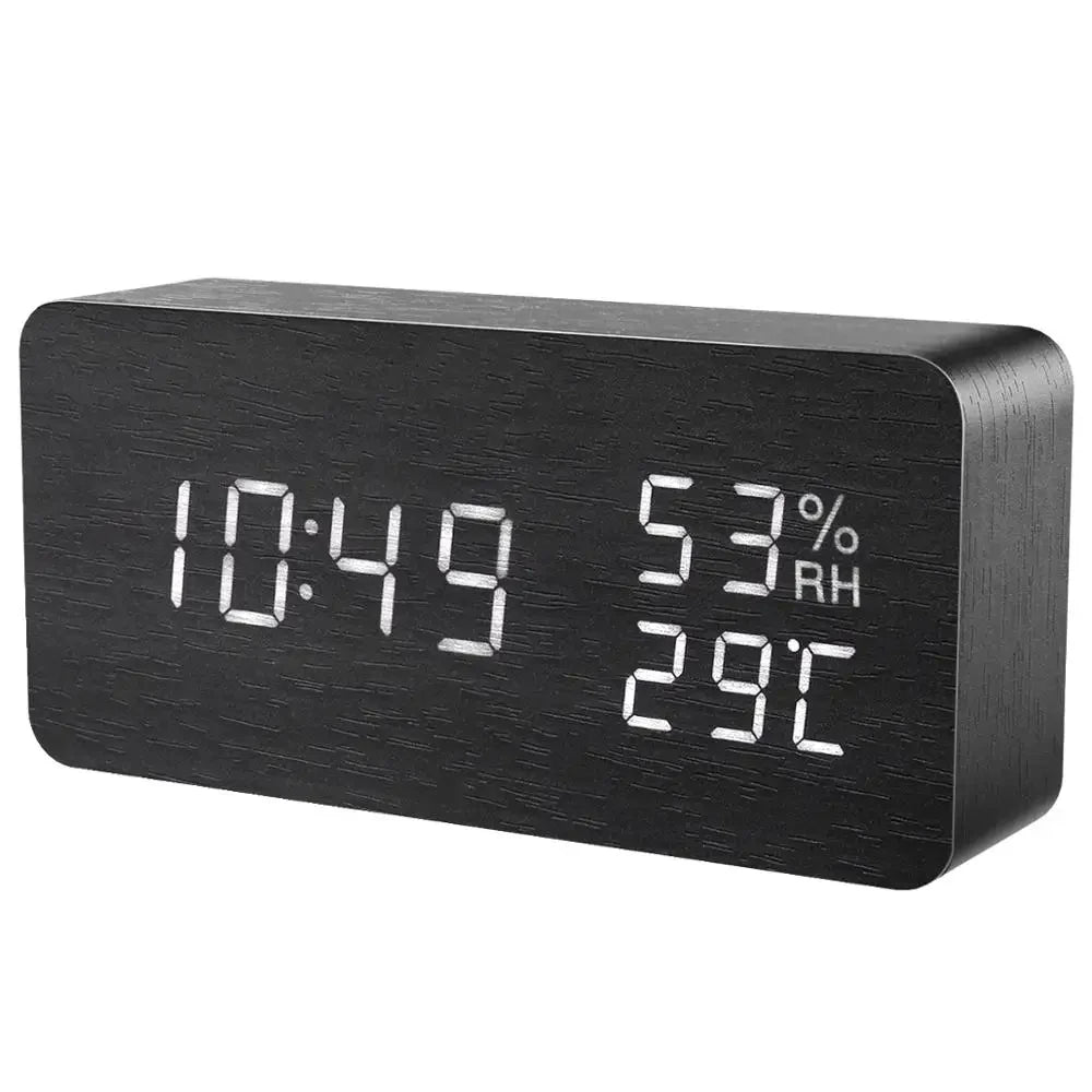 Sound-Activated Wooden Alarm Clock — LED Display with Temperature, Snooze & 3 Alarms — WoodCube
