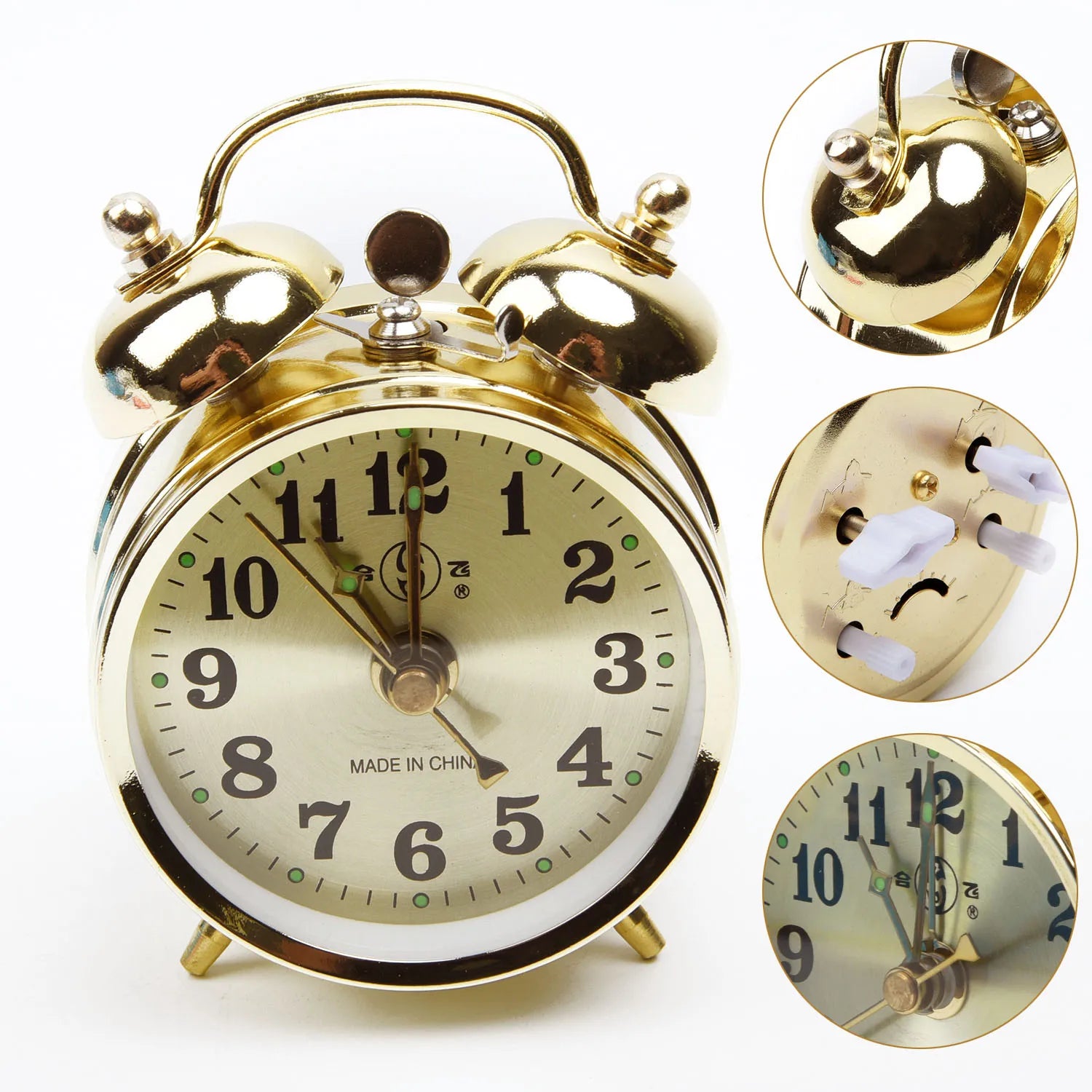 HeritageGlow Twin Bell Alarm Clock — Vintage Wind-Up Metal Desk Clock, Gold