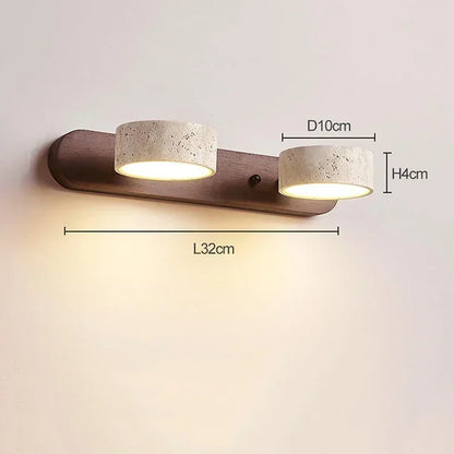 StoneBar Travertine Wall Light — Wood & Stone LED Vanity Bar, 2/3/4 Heads, Wabi-Sabi