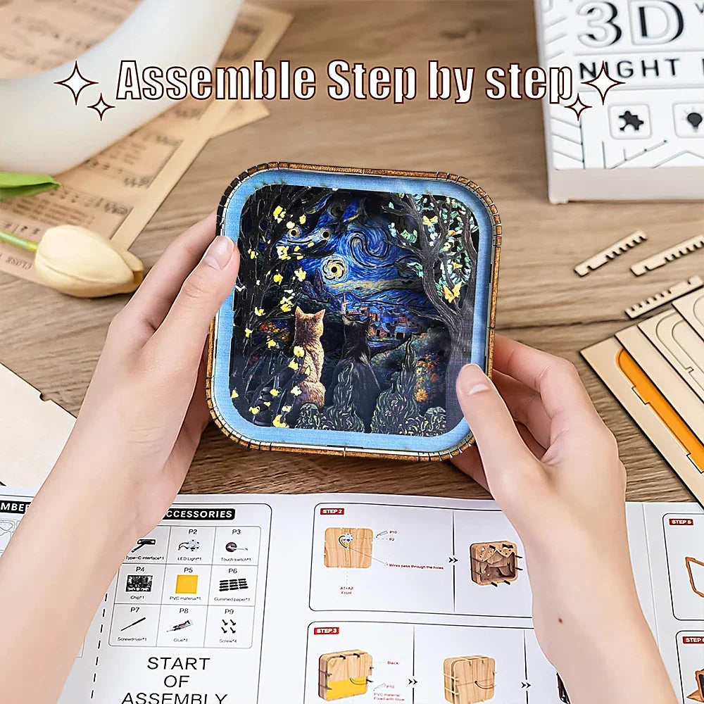 Van Gogh Starry Night Wooden 3D Puzzle Lamp