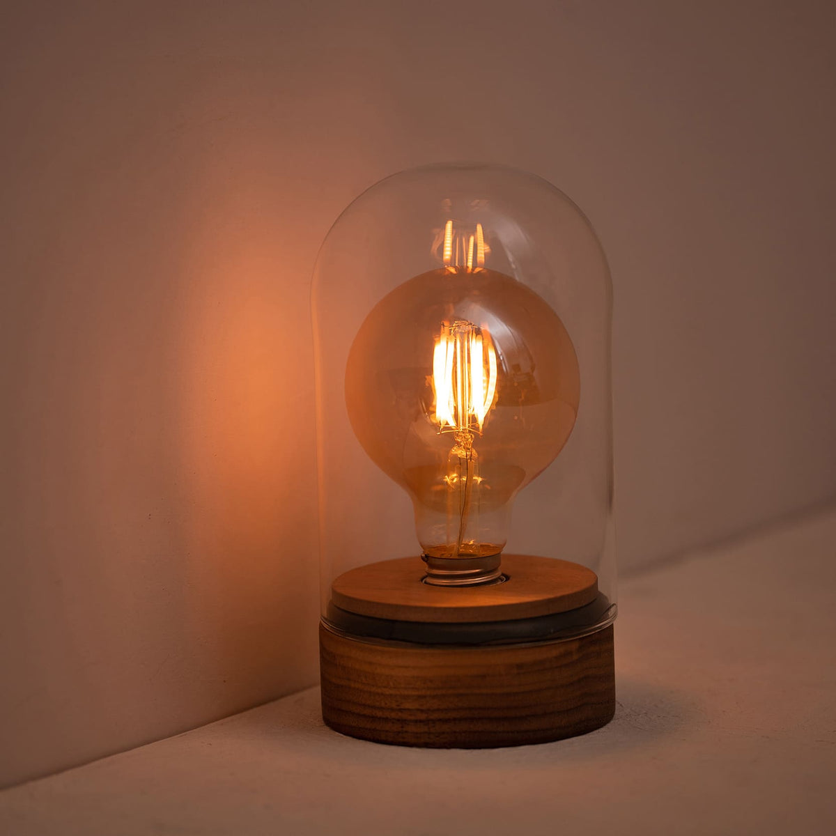 Cordless Glass Cloche Edison Table Lamp with Walnut Base for Bar & Restaurant