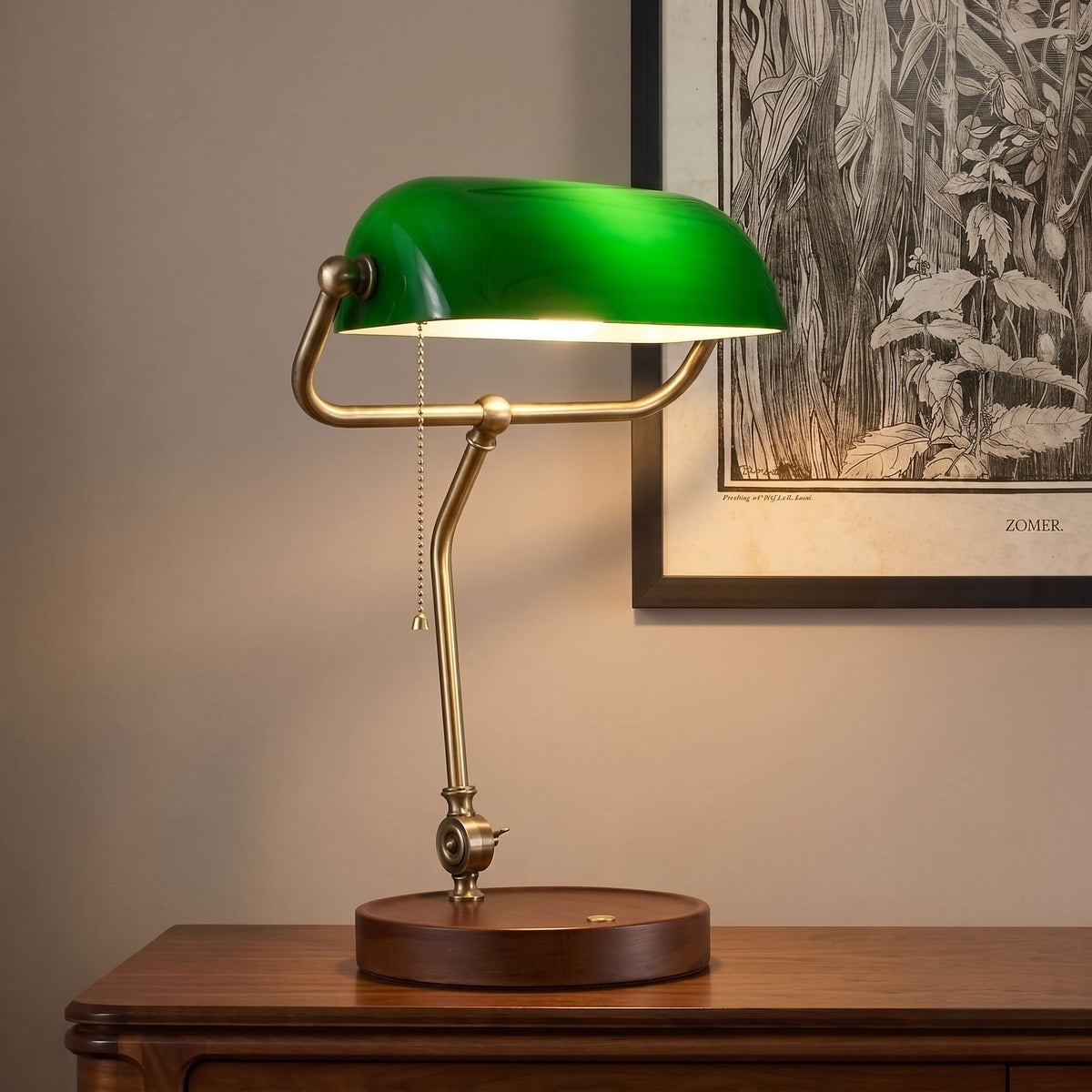 Cordless Banker Desk Lamp with Adjustable Arm and Wooden Tray Base