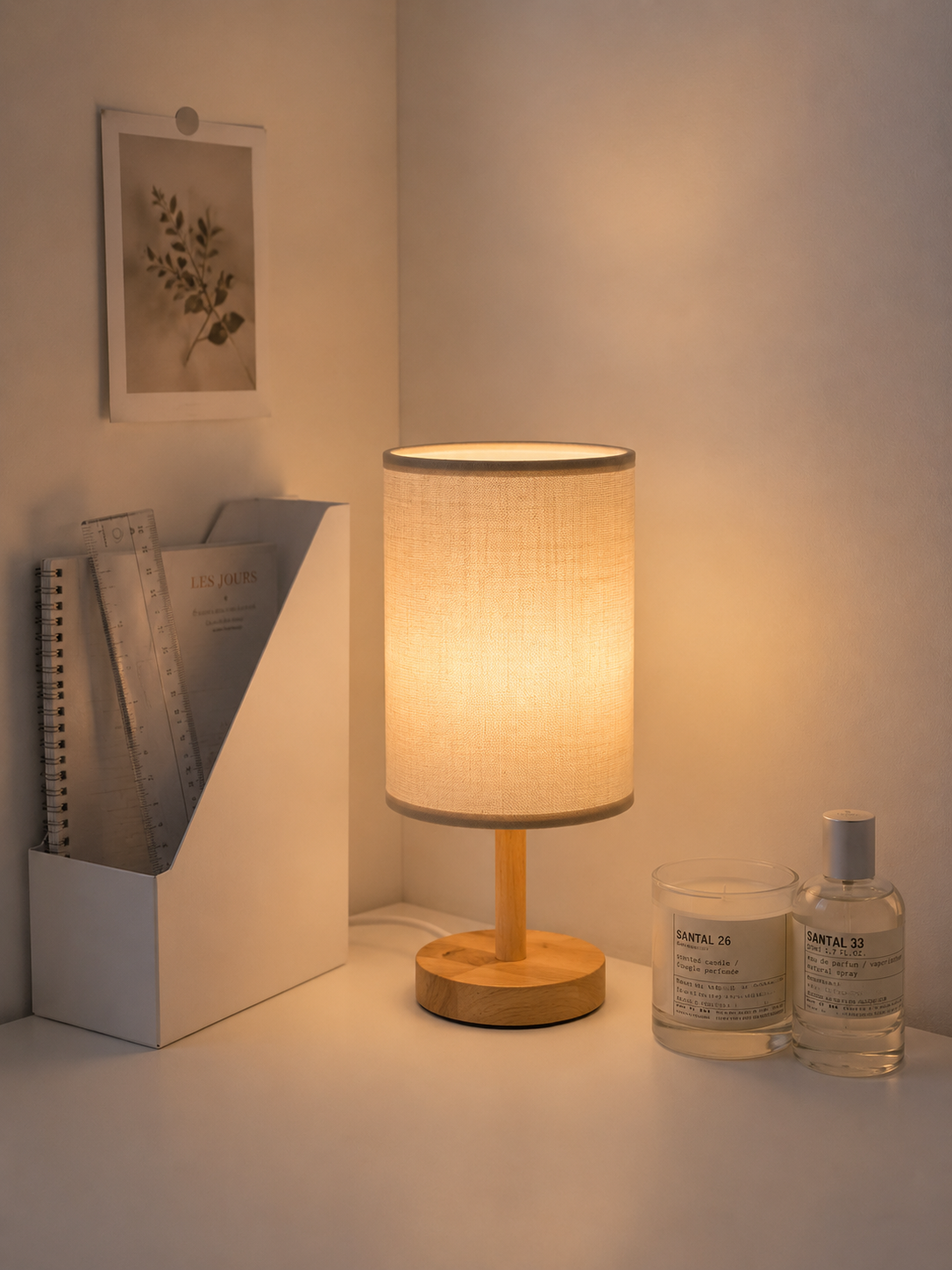 LinenGlow — Minimalist Bedside Lamp with Wood Base