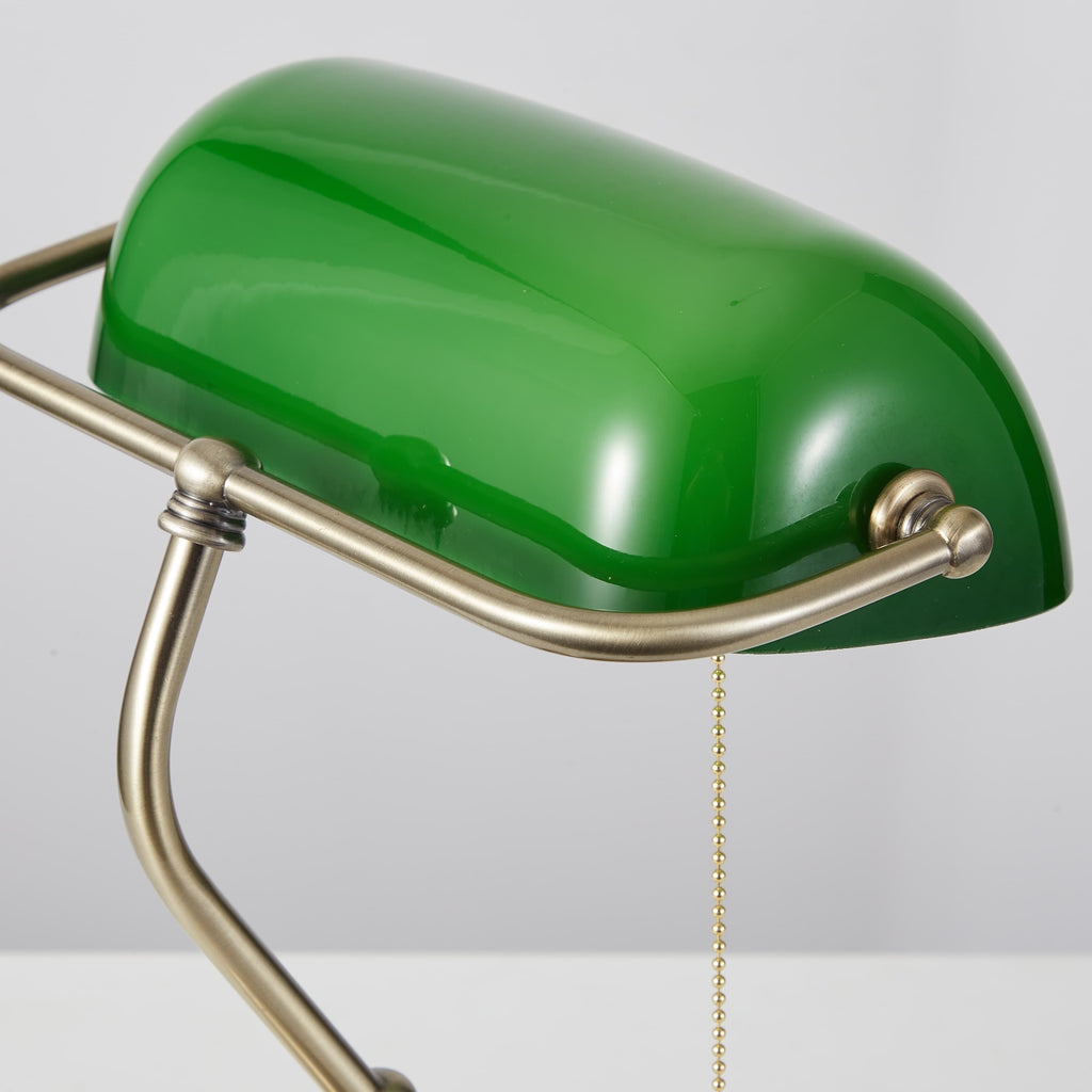 Cordless Banker Desk Lamp with Green Glass Shade