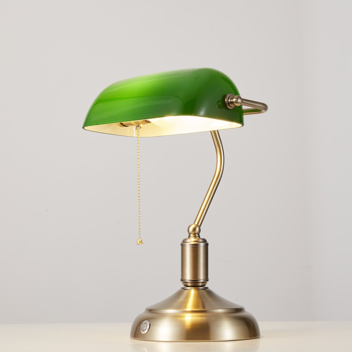 Cordless Banker Desk Lamp with Green Glass Shade