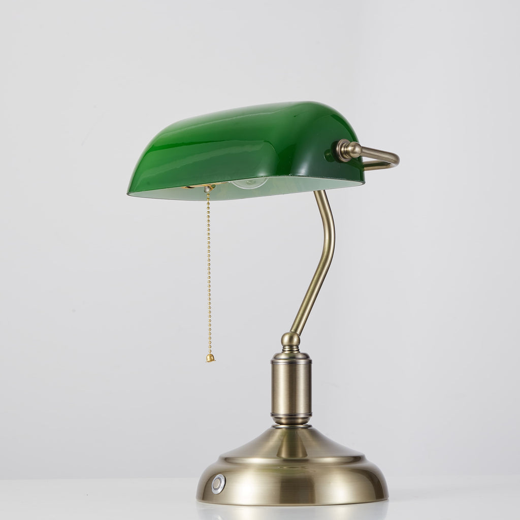 Cordless Banker Desk Lamp with Green Glass Shade