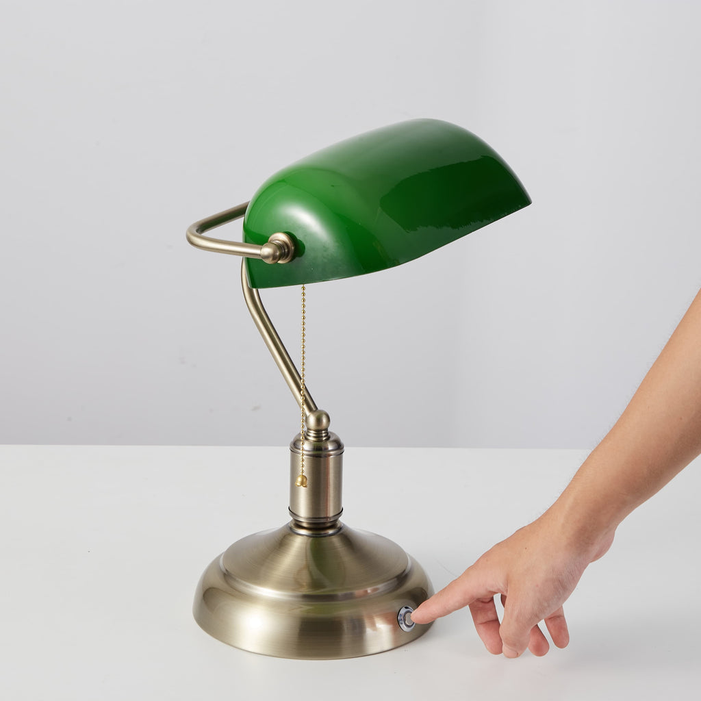 Cordless Banker Desk Lamp with Green Glass Shade