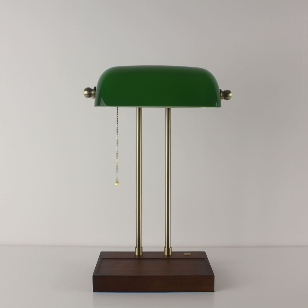 Cordless Green Glass Desk Lamp with Wooden Tray Base