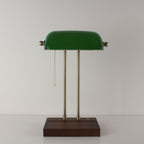 Cordless Green Glass Desk Lamp with Wooden Tray Base