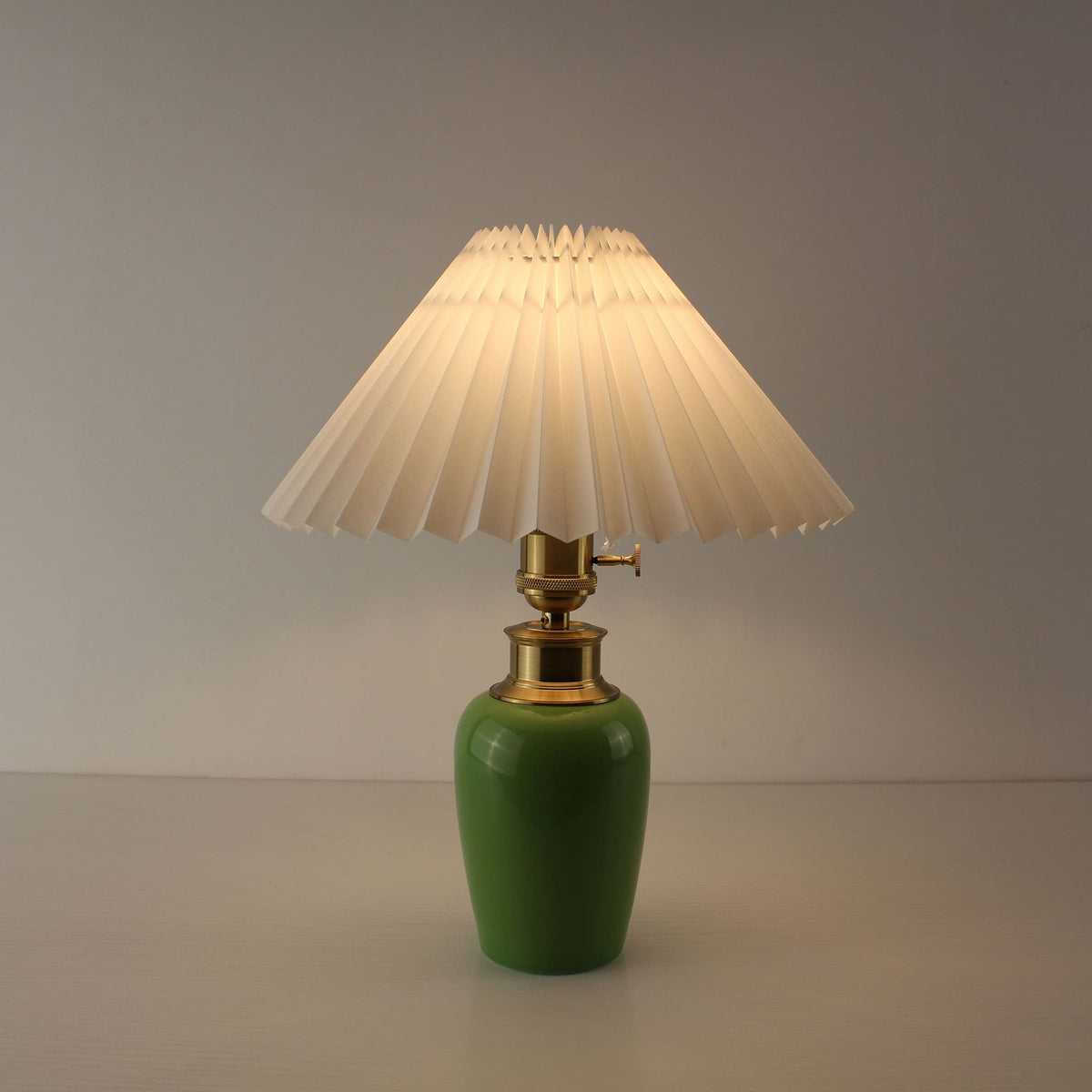 Cordless Vintage Green Ceramic Table Lamp with Pleated Shade
