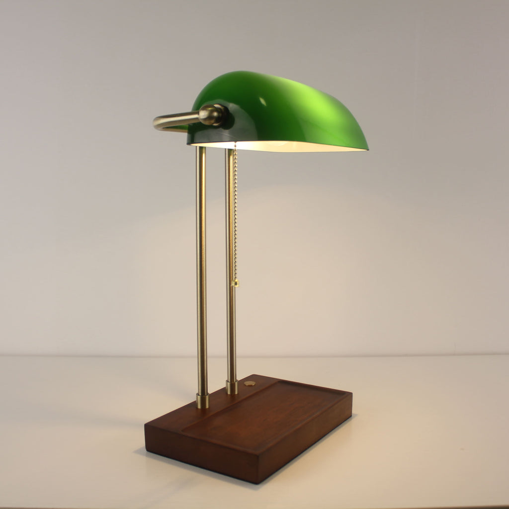 Cordless Green Glass Desk Lamp with Wooden Tray Base