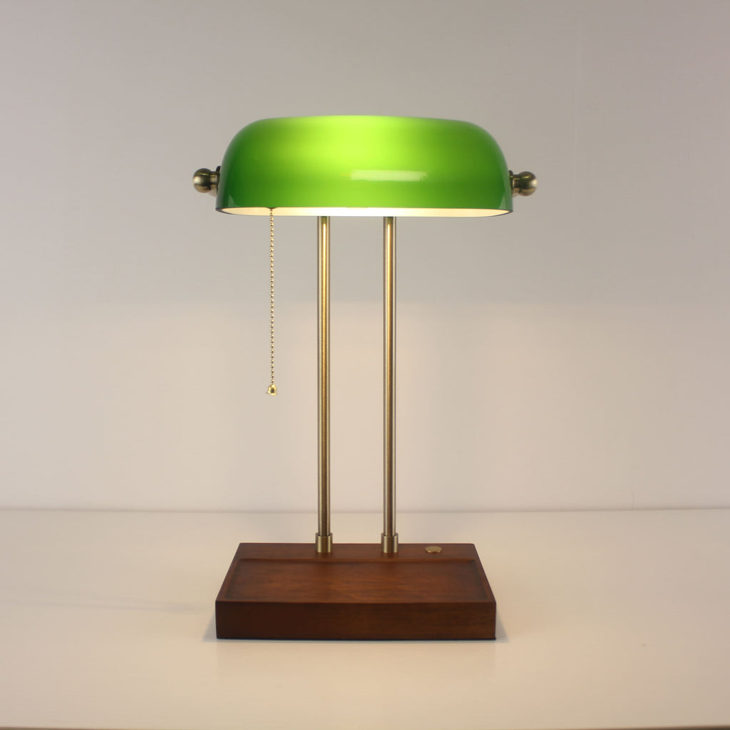 Cordless Green Glass Desk Lamp with Wooden Tray Base