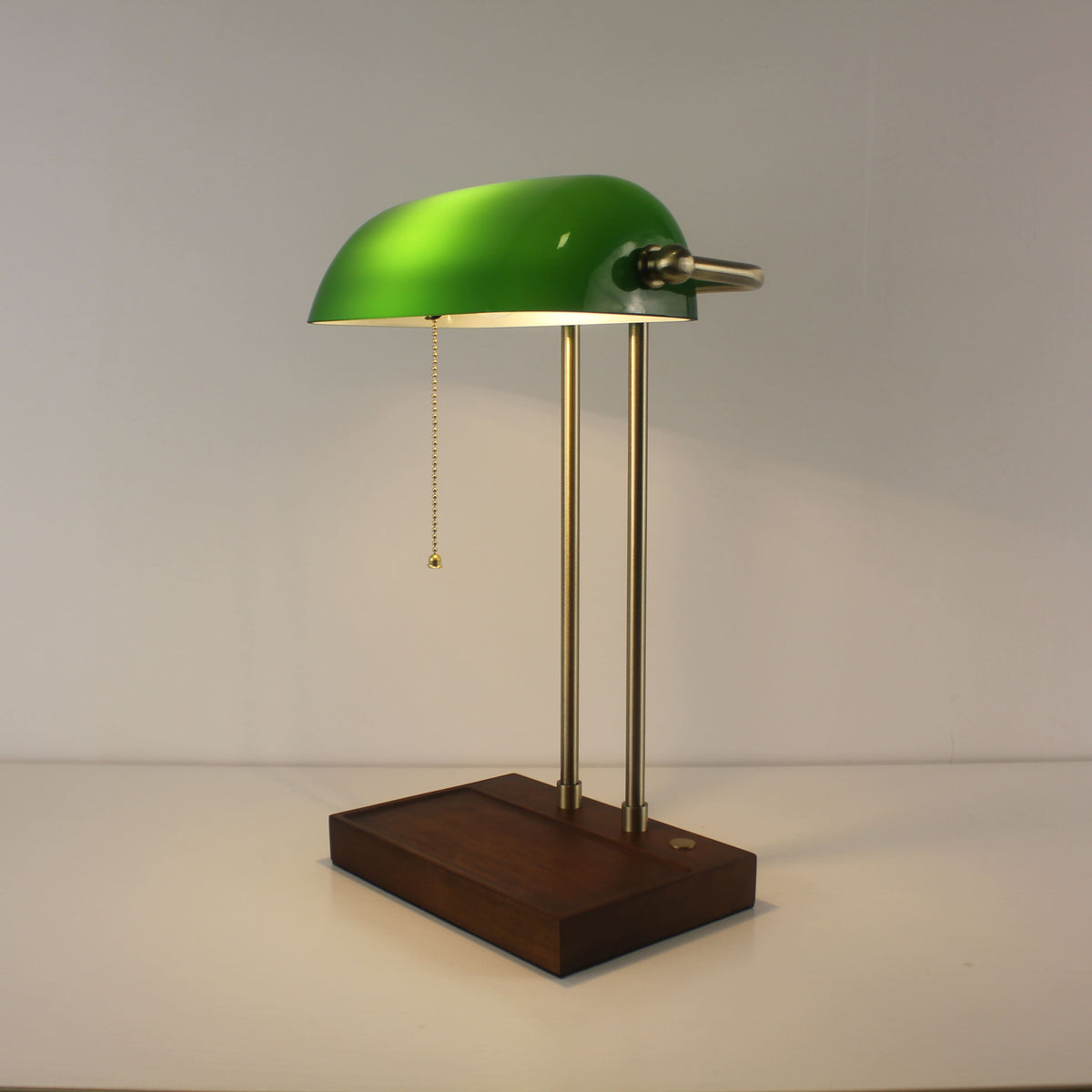 Cordless Green Glass Desk Lamp with Wooden Tray Base