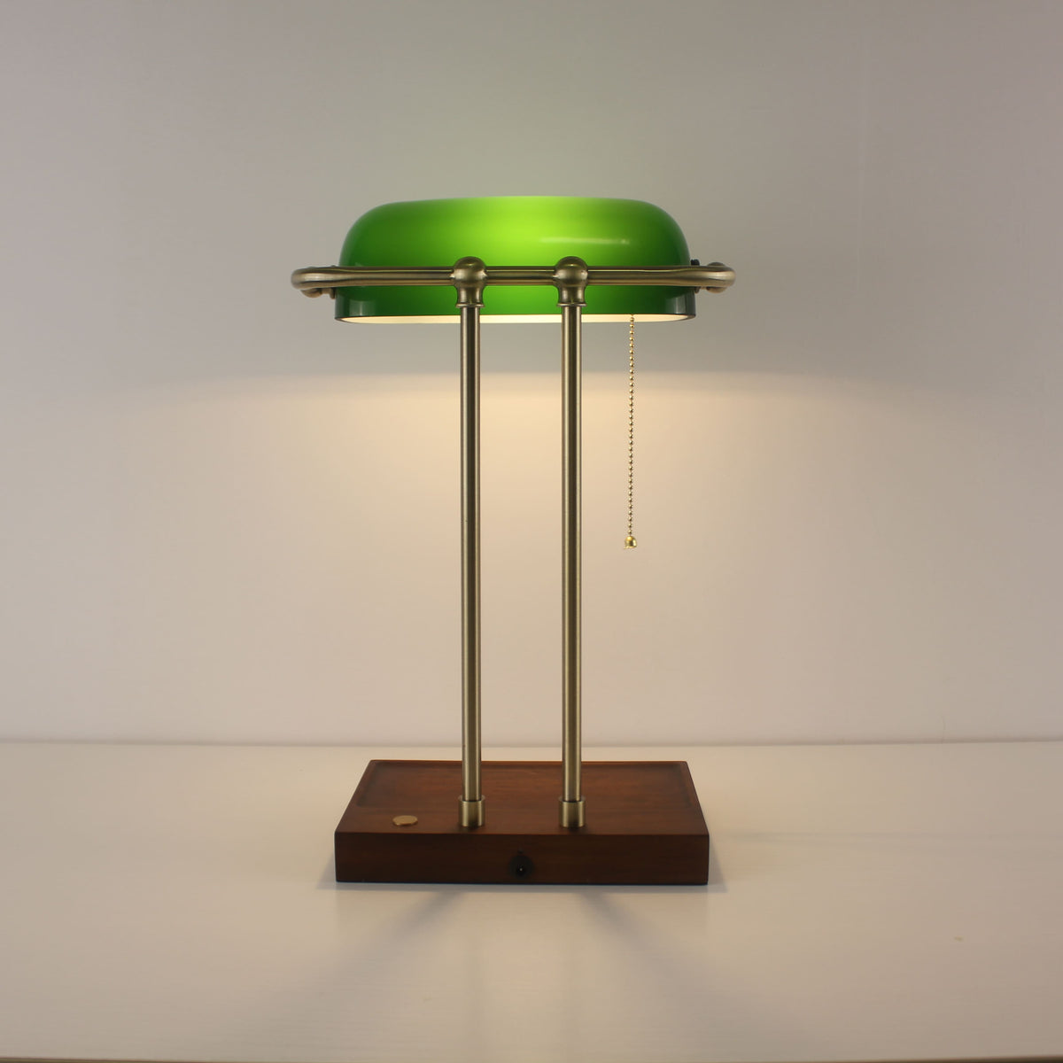 Cordless Green Glass Desk Lamp with Wooden Tray Base