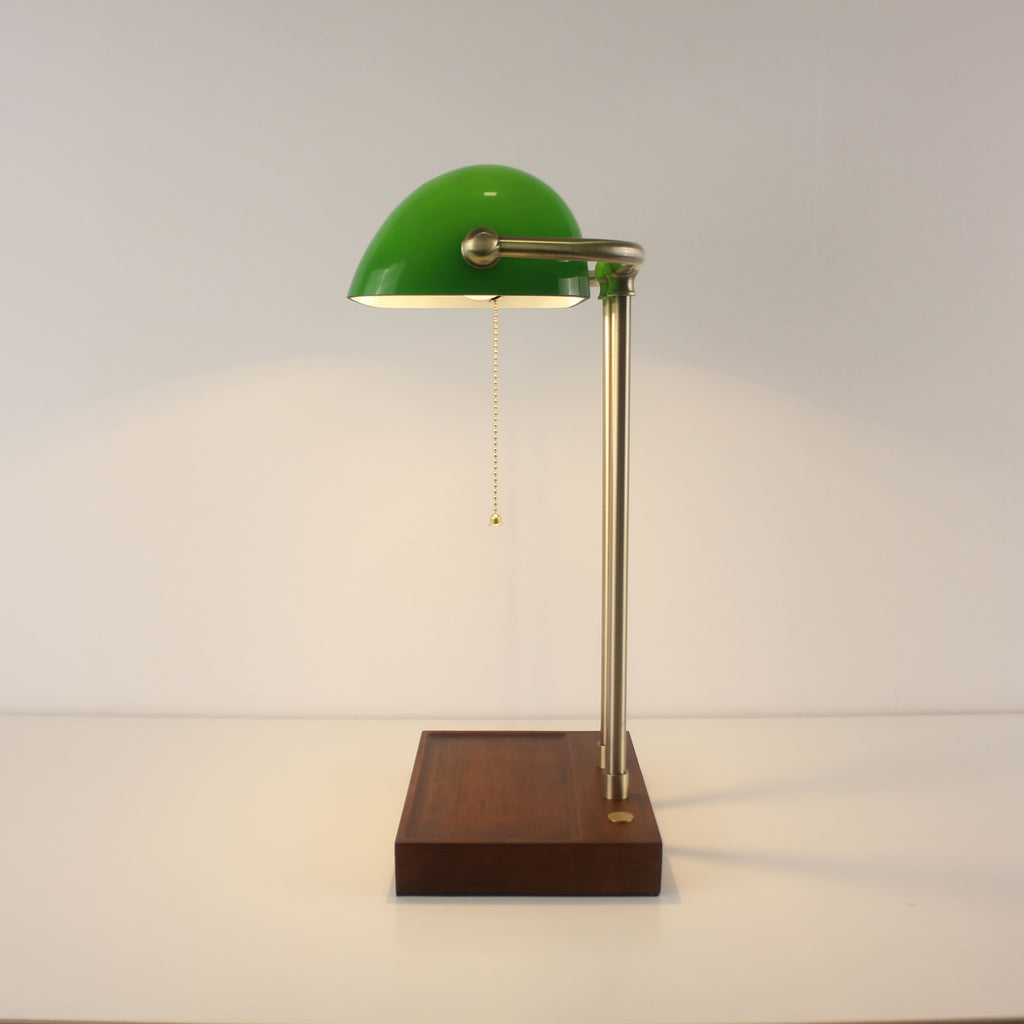 Cordless Green Glass Desk Lamp with Wooden Tray Base
