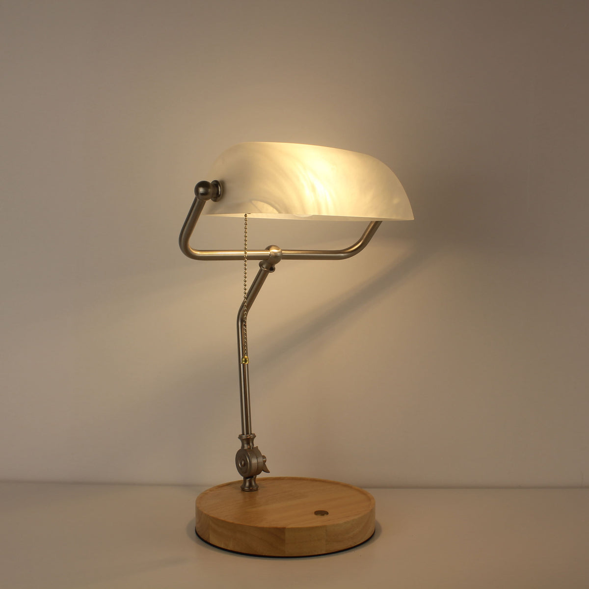 Cordless White Banker Desk Lamp with Wooden Tray Base