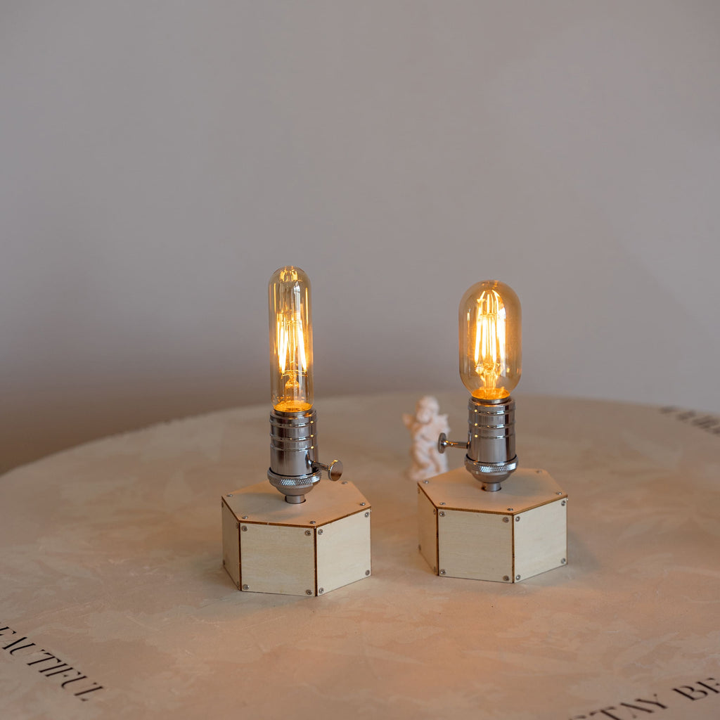 Industrial Cordless Hexagon Wood Edison Table Lamp for Bar & Restaurant