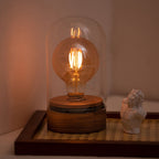 Cordless Glass Cloche Edison Table Lamp with Walnut Base for Bar & Restaurant