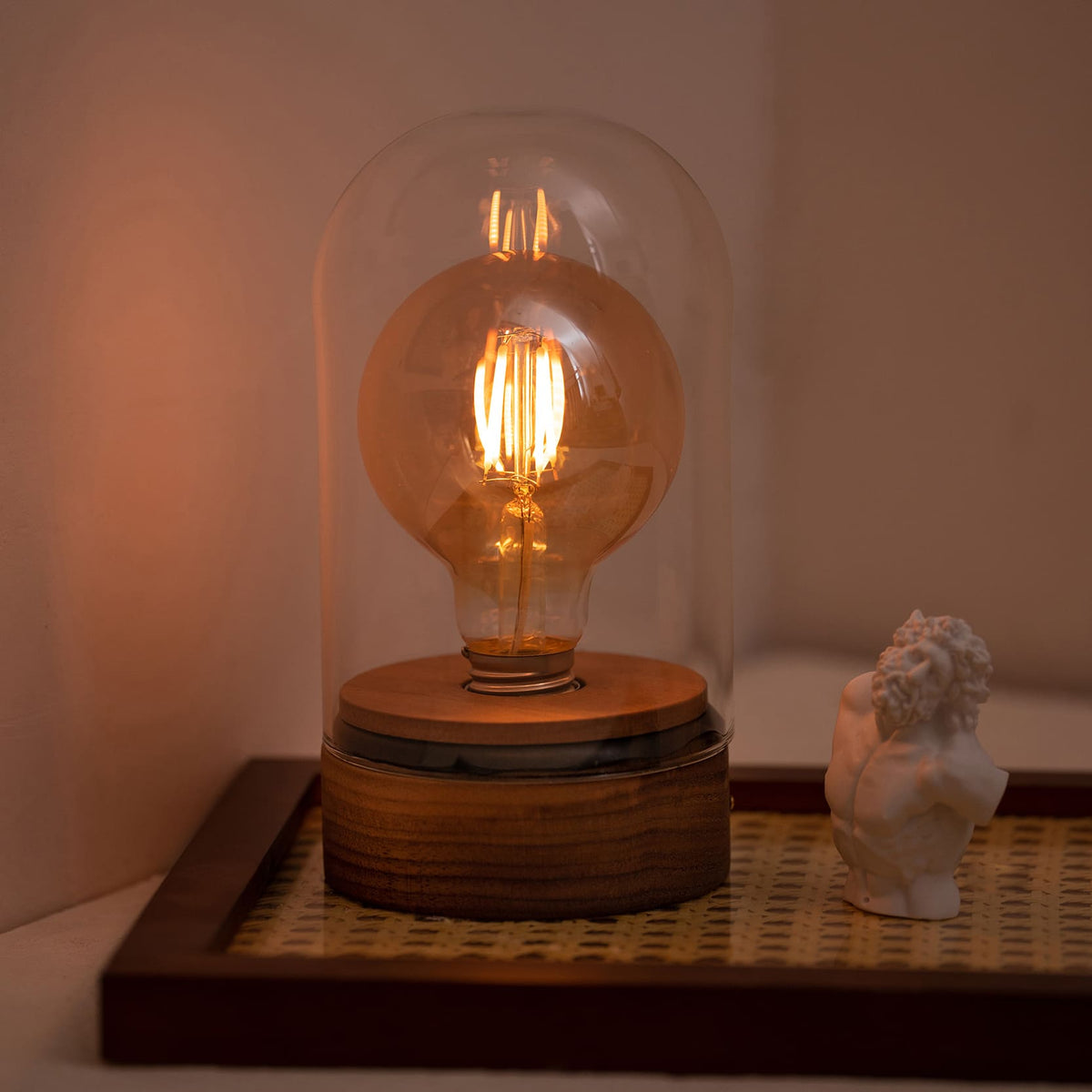 Cordless Glass Cloche Edison Table Lamp with Walnut Base for Bar & Restaurant