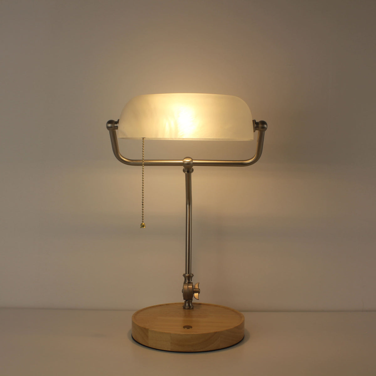 Cordless White Banker Desk Lamp with Wooden Tray Base