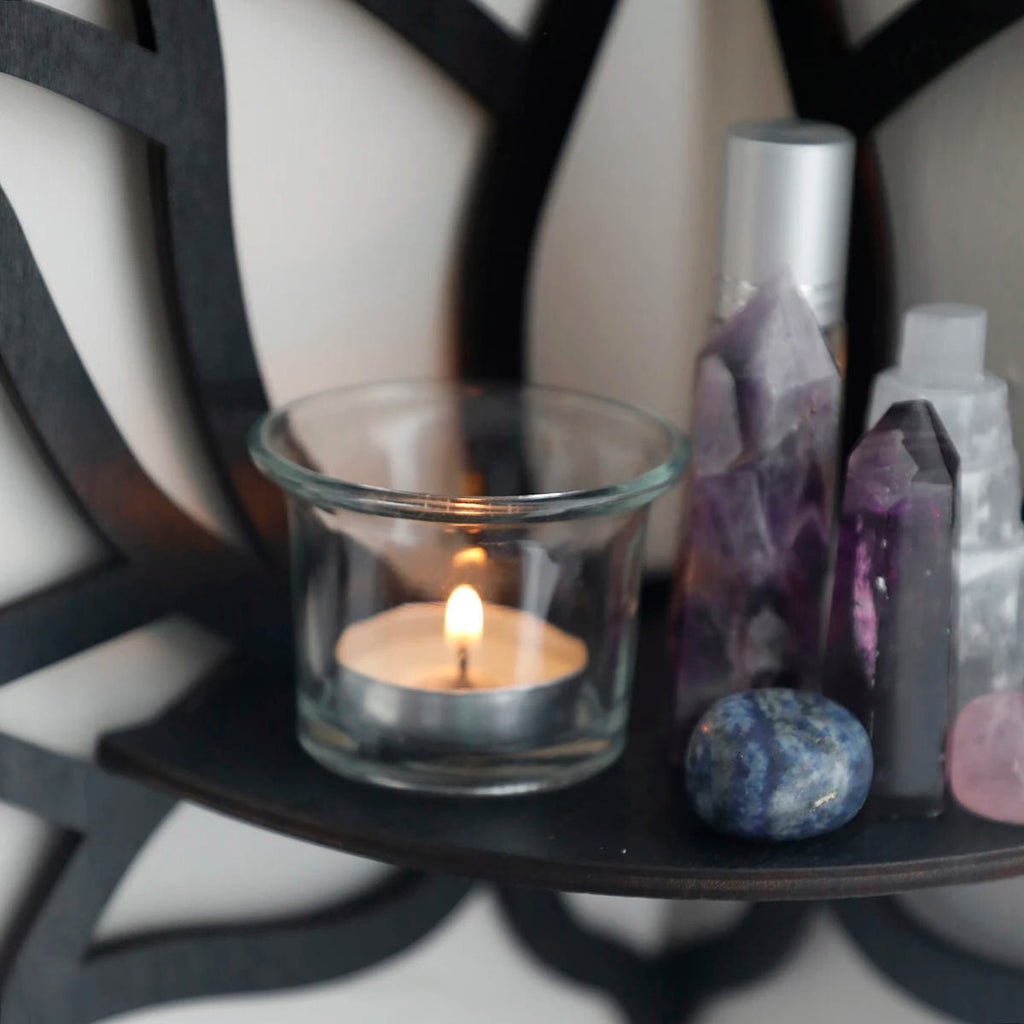 Black Wooden Lotus Corner Wall Shelf