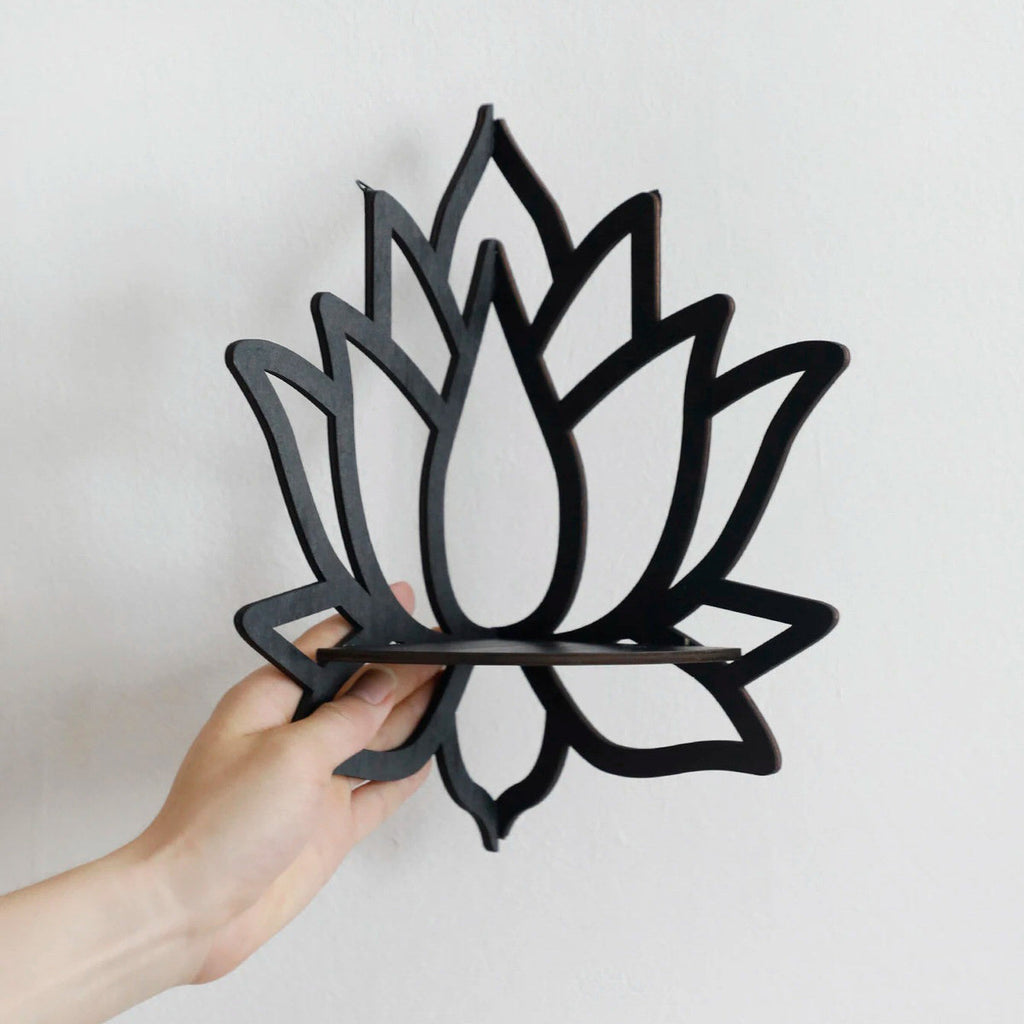 Black Wooden Lotus Corner Wall Shelf