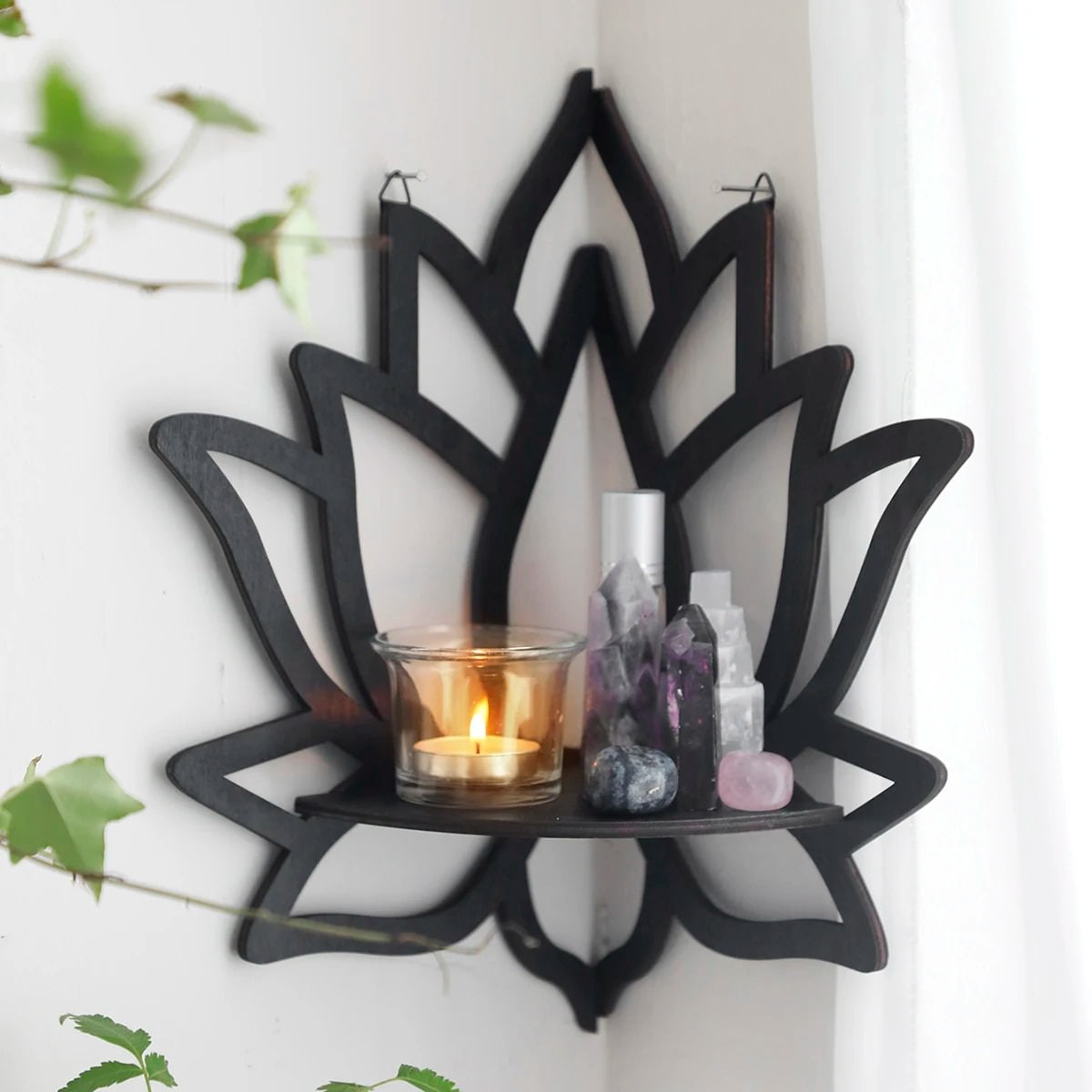 Black Wooden Lotus Corner Wall Shelf