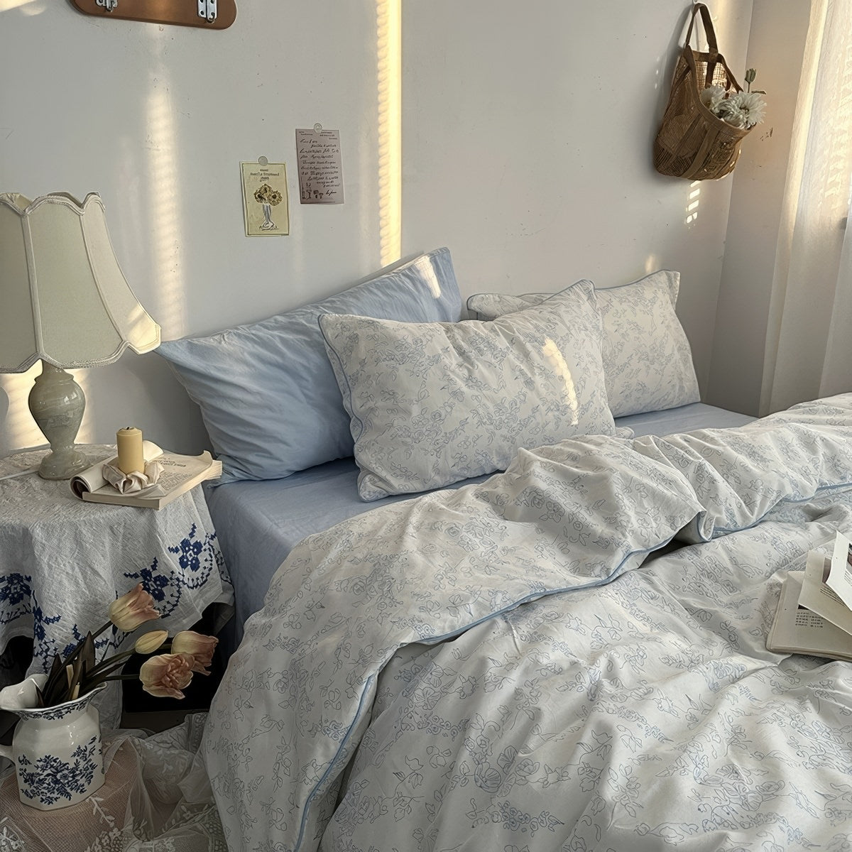 Blue Floral Line Art Bedding Duvet Cover Set