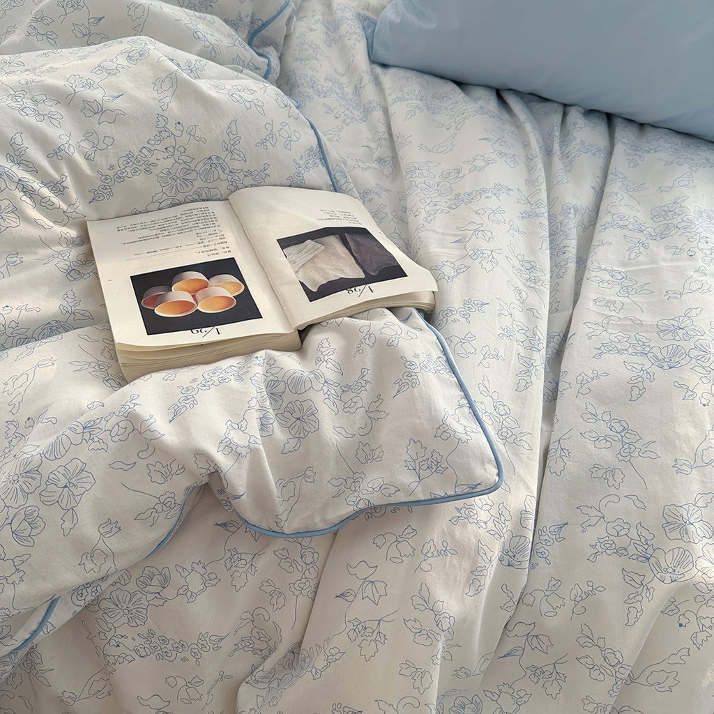 Blue Floral Line Art Bedding Duvet Cover Set
