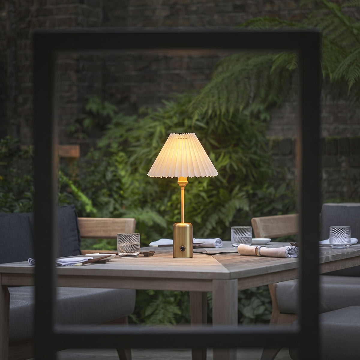 Brass Retro Cordless Table Lamp with Pleated Shade