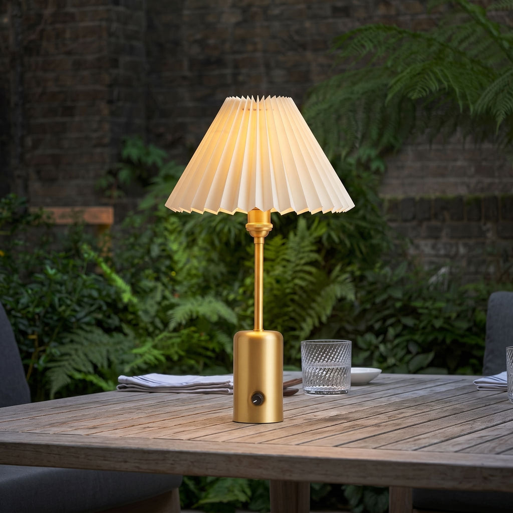 Brass Retro Cordless Table Lamp with Pleated Shade