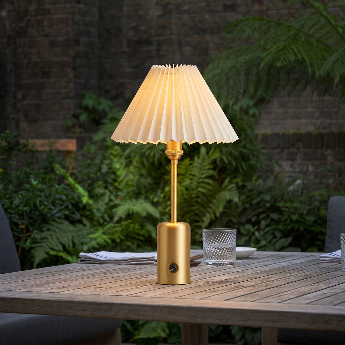 Brass Retro Cordless Table Lamp with Pleated Shade