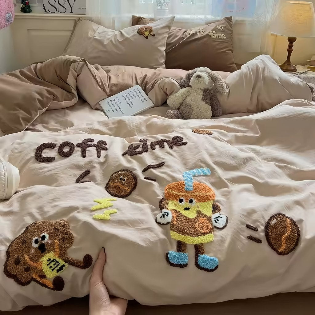 Coffee Time Embroidery Bedding Duvet Cover Set