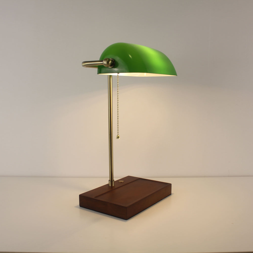 Cordless Green Glass Banker's Lamp with Wooden Tray Base