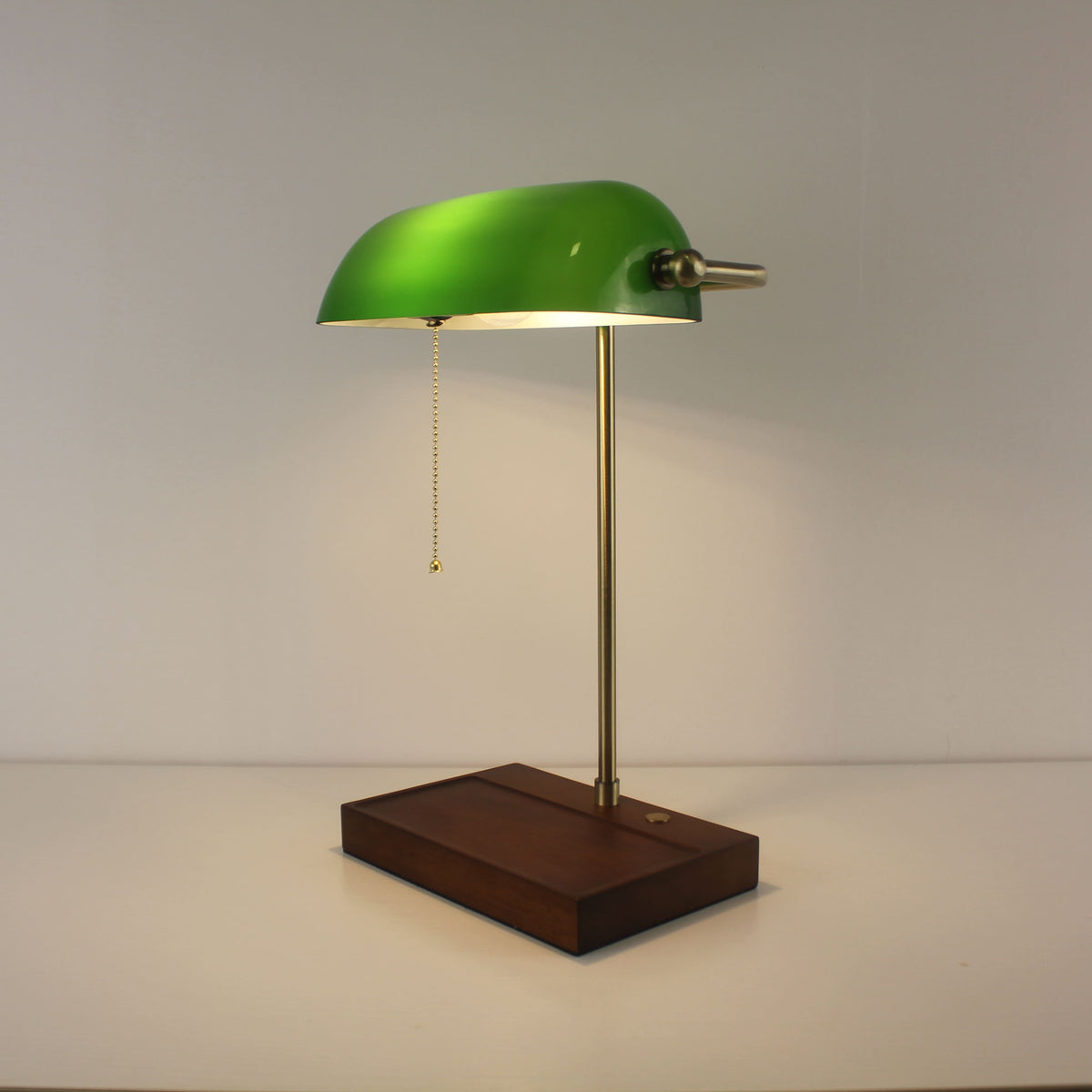 Cordless Green Glass Banker's Lamp with Wooden Tray Base