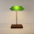 Cordless Green Glass Banker's Lamp with Wooden Tray Base
