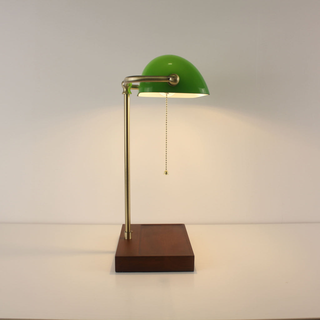 Cordless Green Glass Banker's Lamp with Wooden Tray Base