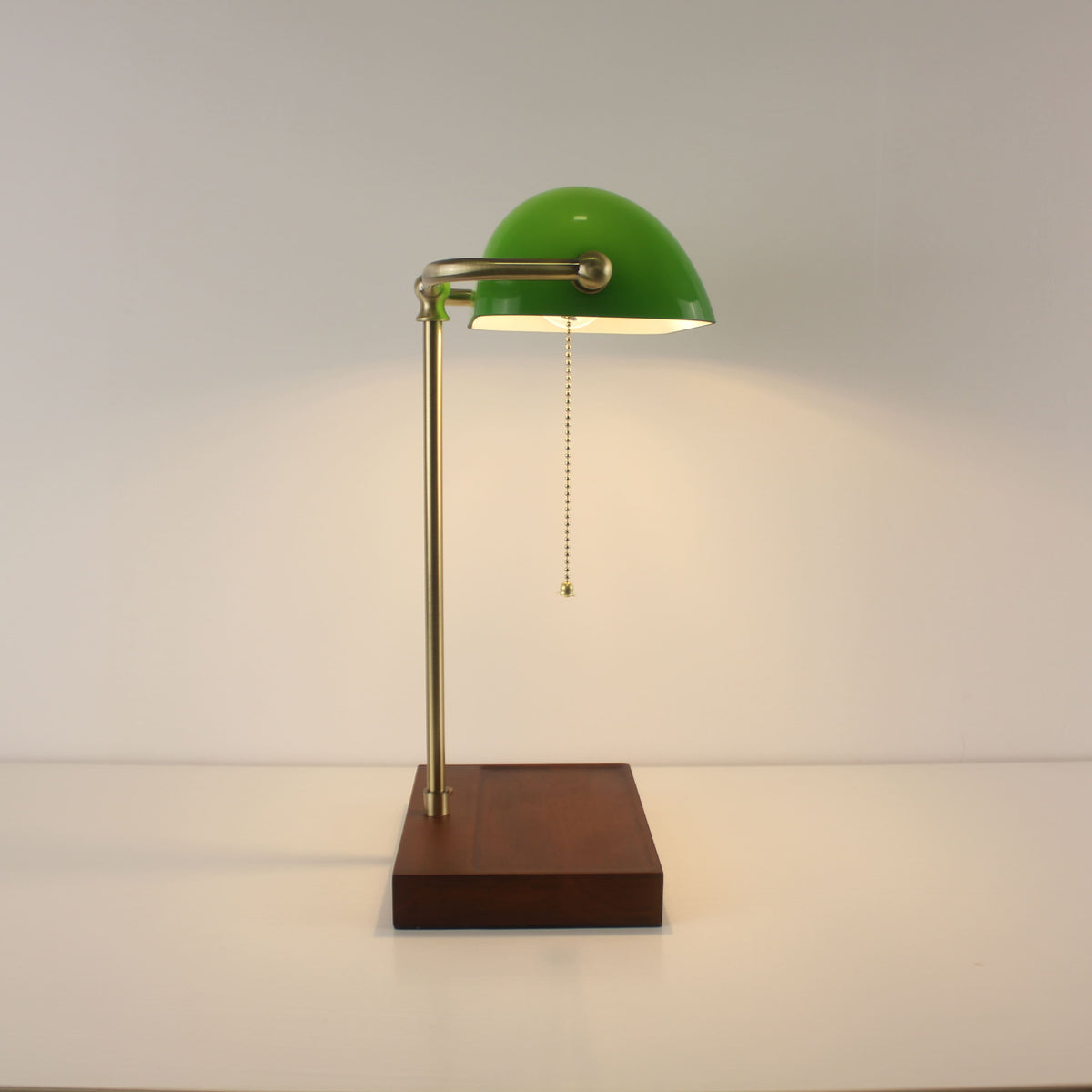 Cordless Green Glass Banker's Lamp with Wooden Tray Base