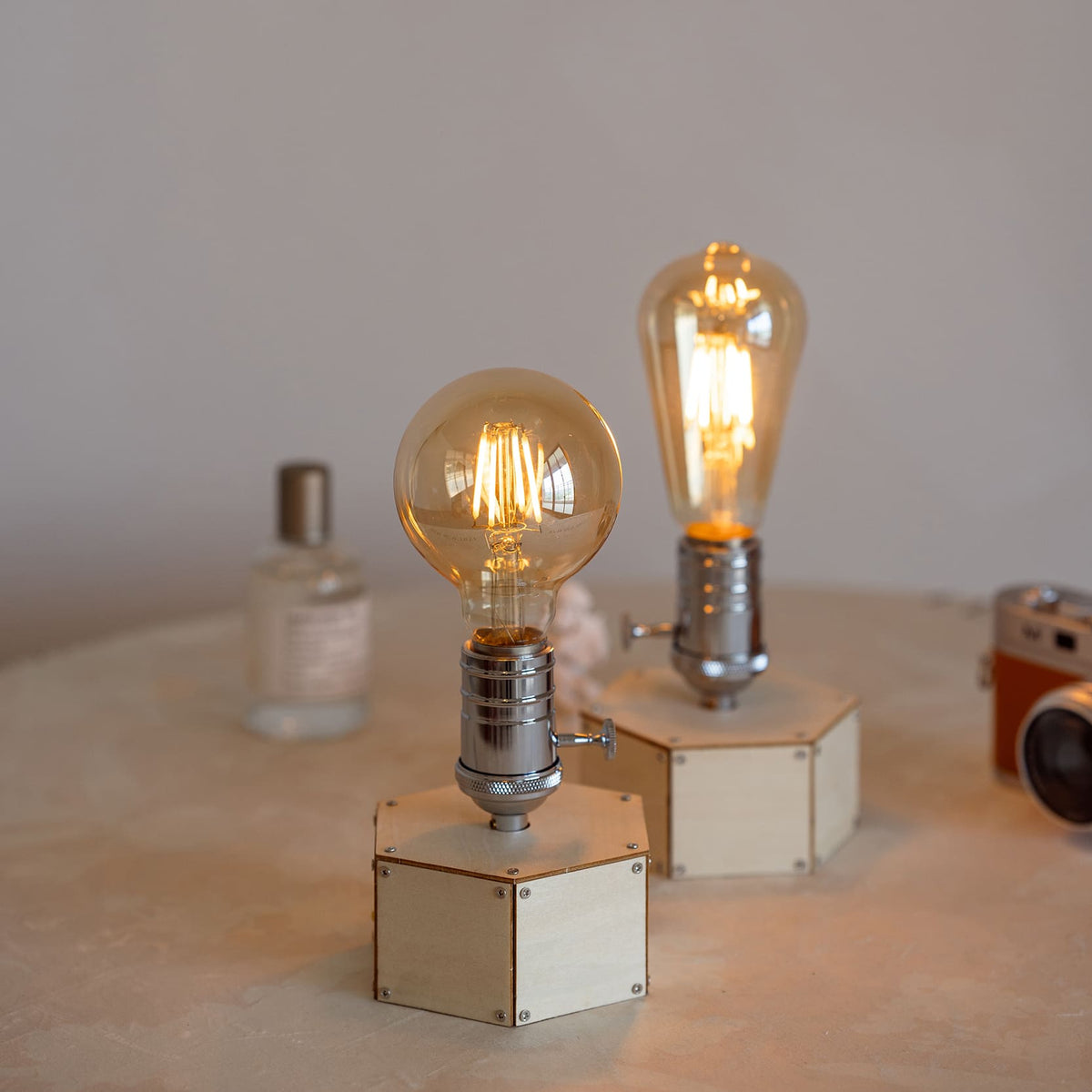 Industrial Cordless Hexagon Wood Edison Table Lamp for Bar & Restaurant