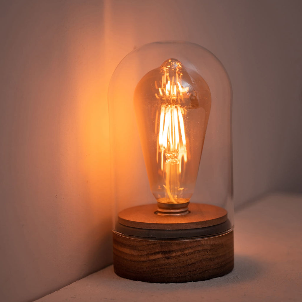 Cordless Glass Cloche Edison Table Lamp with Walnut Base for Bar & Restaurant
